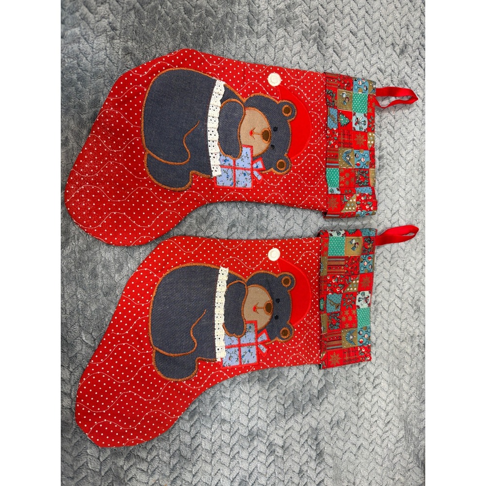 Vintage Style Quilted Teddy Bear Christmas Stockings Set of 2 Red Polka Dot 14in